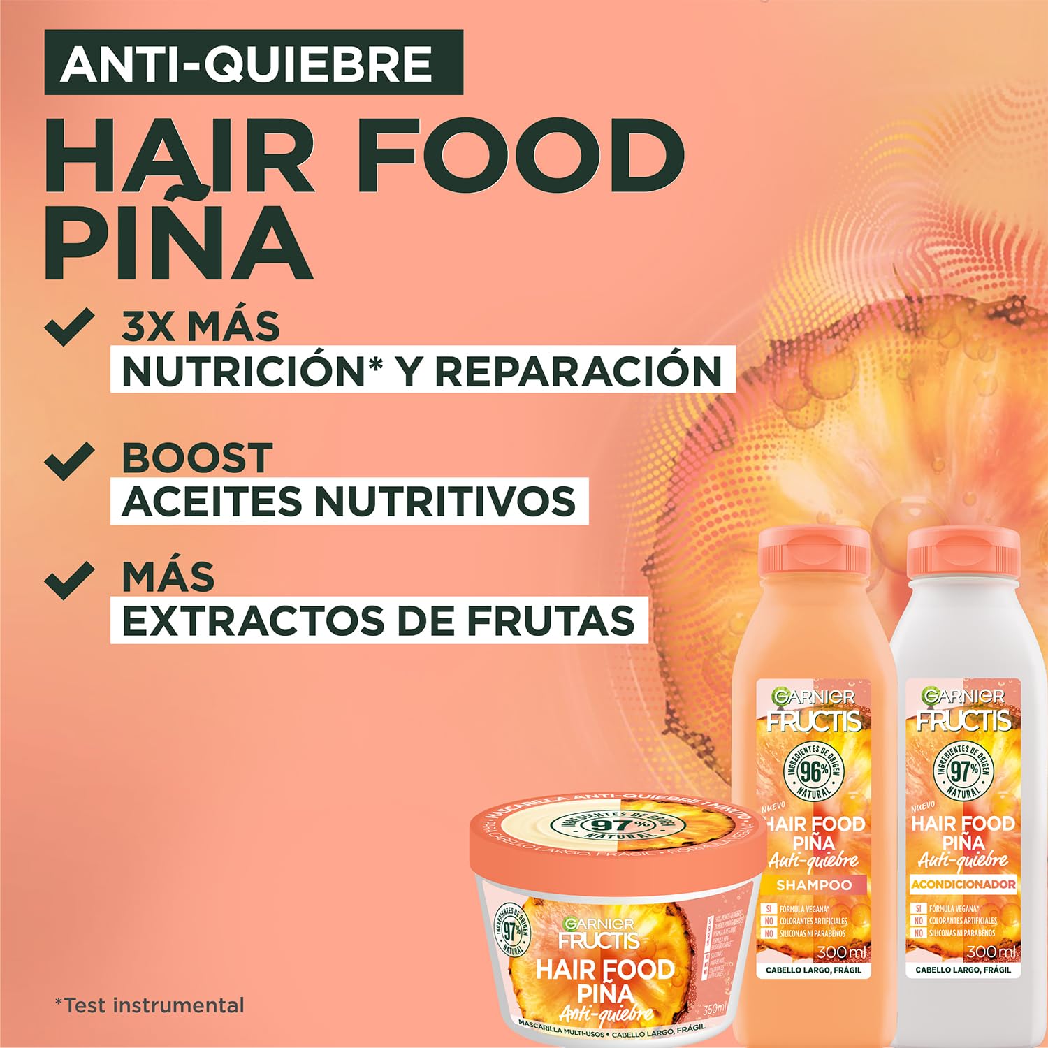 Kit Garnier Fructis Hair Food Piña Rutina Completa Anti-quiebre, Shampoo 300ml, Acondicionador 300ml y Mascarilla 350ml, 3 piezas