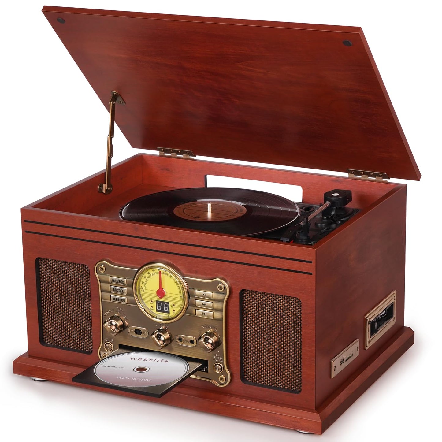 Kedok Tocadiscos Bluetooth de Vinilo con Altavoces estéreo, Convertidor de Vinilo LP a MP3 con CD, Reproductor de Casete,Radio FM,Entrada Auxiliar y Tomas de Auriculares