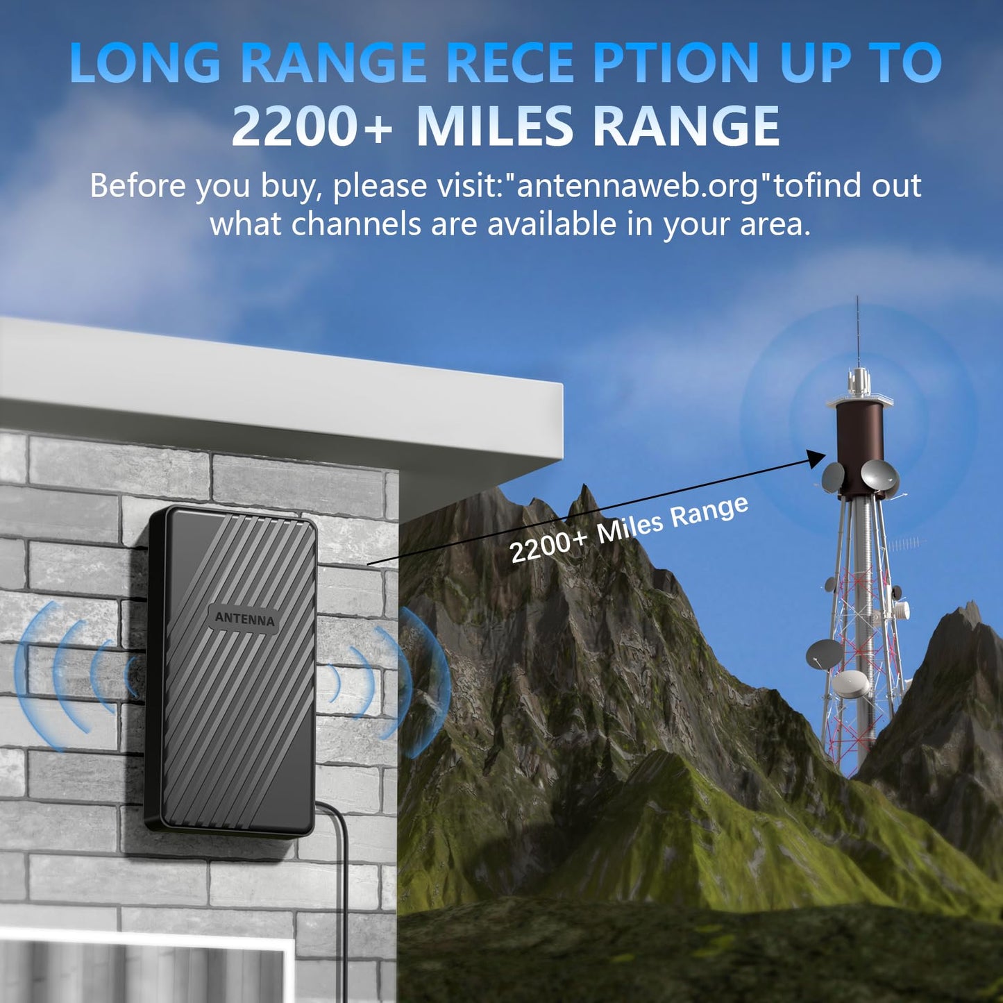Antena de TV de alcance de más de 2200 millas para canales locales, antena de TV digital más fuerte mejorada 2025 para interiores y exteriores con amplificador de señal y cable coaxial de 33 pies