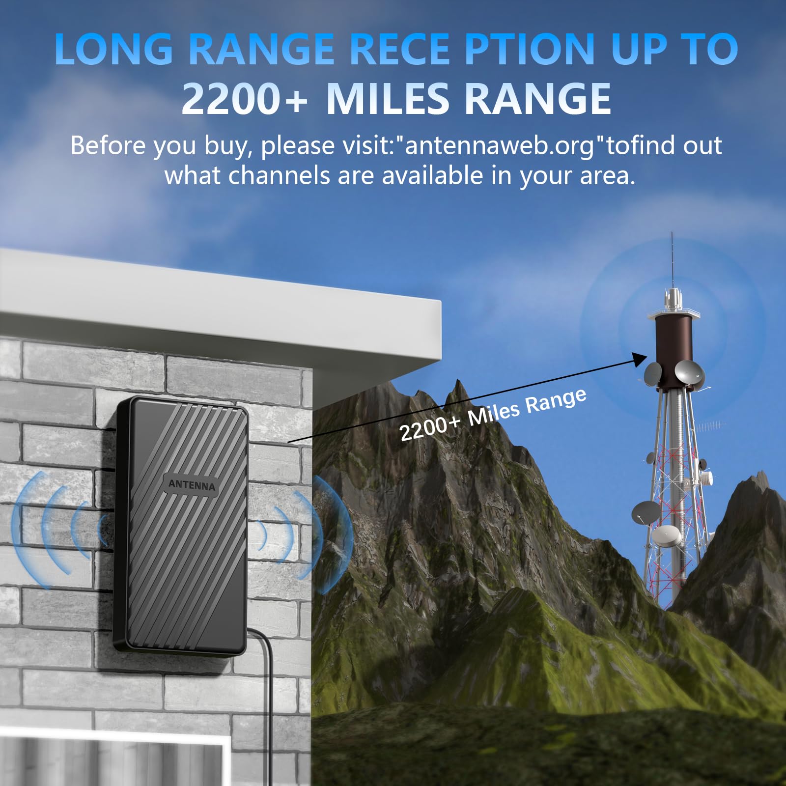 Antena de TV de alcance de más de 2200 millas para canales locales, antena de TV digital más fuerte mejorada 2025 para interiores y exteriores con amplificador de señal y cable coaxial de 33 pies