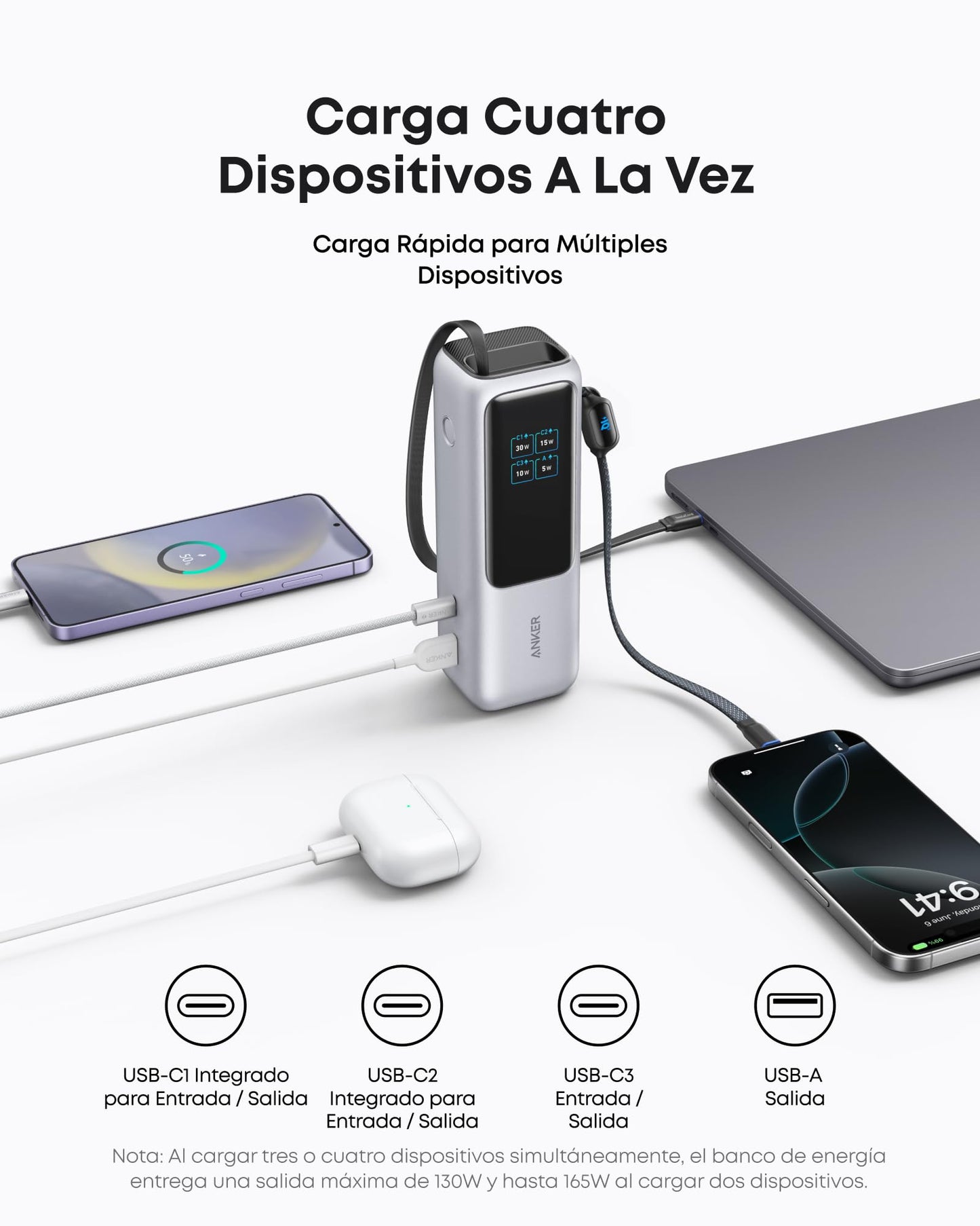 Batería Externa Anker Negra 25,000 mAh 100W USB-C con Cables Integrados y Retráctiles para Laptops y Móviles