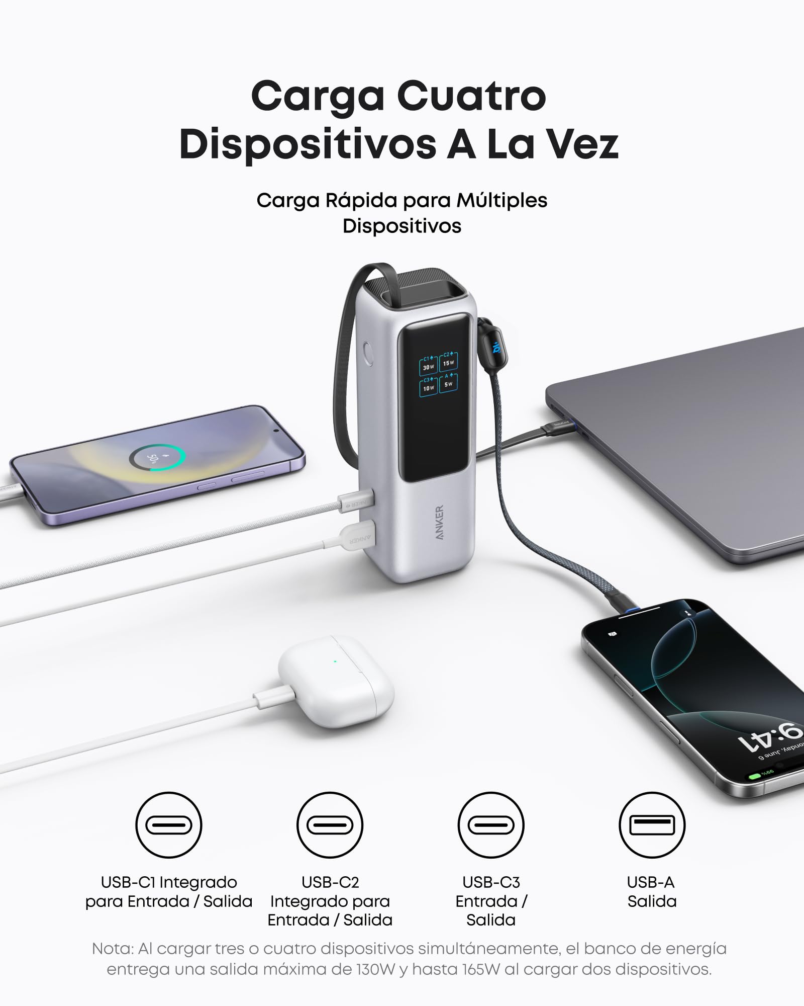 Batería Externa Anker Negra 25,000 mAh 100W USB-C con Cables Integrados y Retráctiles para Laptops y Móviles