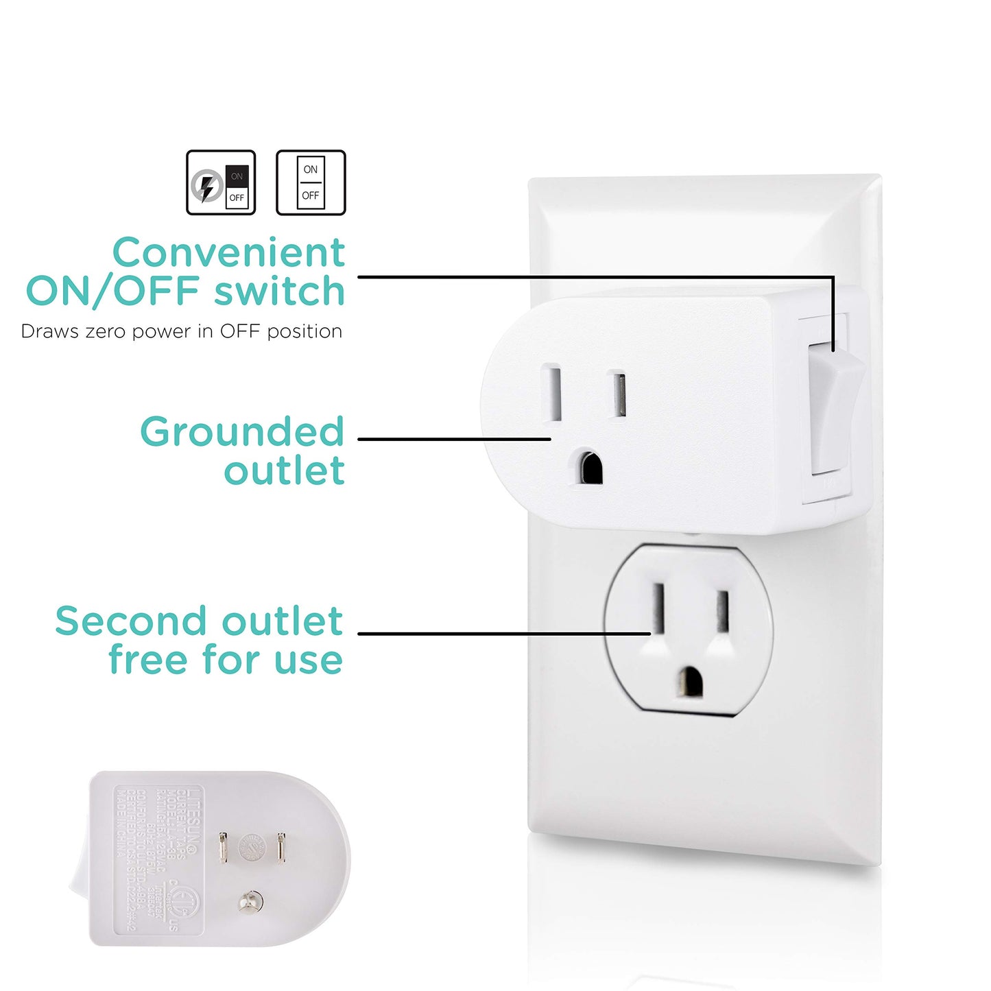 Interruptor de encendido/apagado de tierra Cordinate, 3 clavijas, adaptador de enchufe, ideal para luces interiores y electrodomésticos pequeños, blanco, 49968, 1 paquete