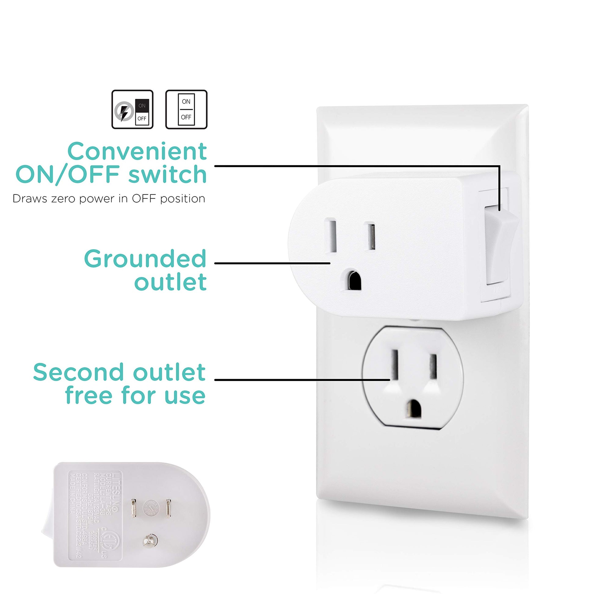 Interruptor de encendido/apagado de tierra Cordinate, 3 clavijas, adaptador de enchufe, ideal para luces interiores y electrodomésticos pequeños, blanco, 49968, 1 paquete