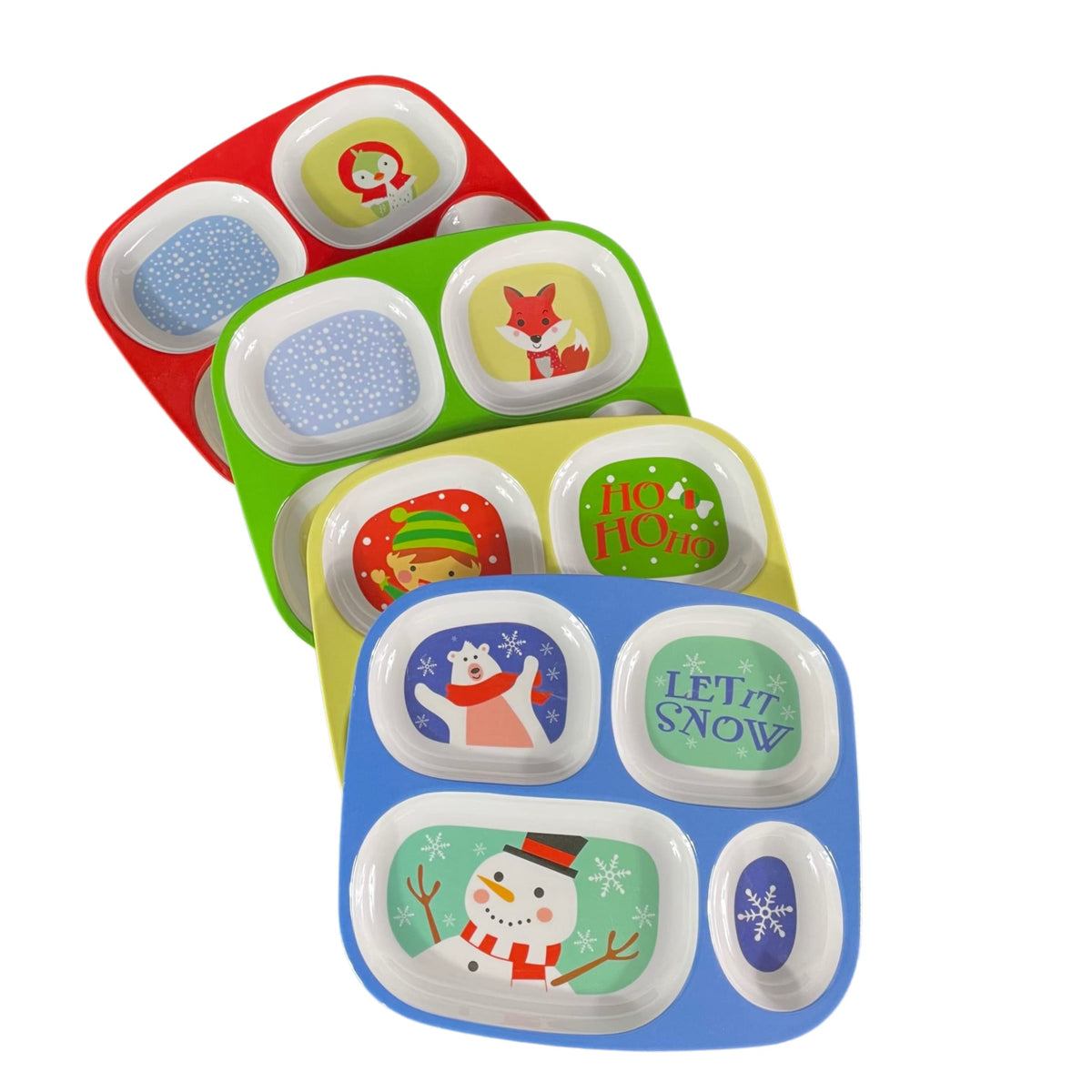 4E's Novelty - Vajilla de Navidad dividida para niños (juego de 4) Platos de cena de plástico de melamina sin BPA seccionales, platos de Navidad para niños pequeños