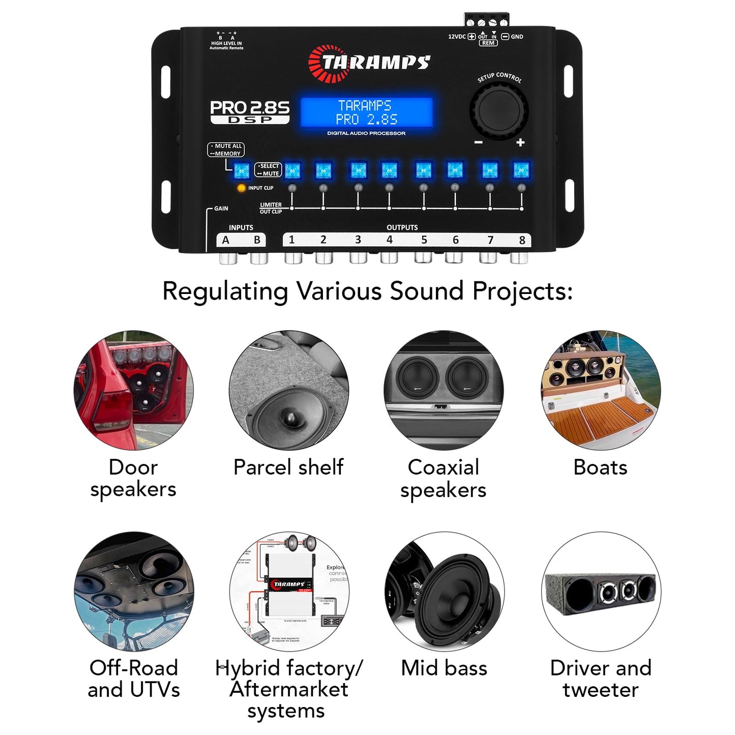 Taramps Pro 2.8S Negro DSP Crossover Procesador de Audio de señal Digital Completo y Ecualizador con secuenciador Ecualización gráfica de 15 Bandas 12 EQ preestablecidos 2 Canales y 8 Canales Salida