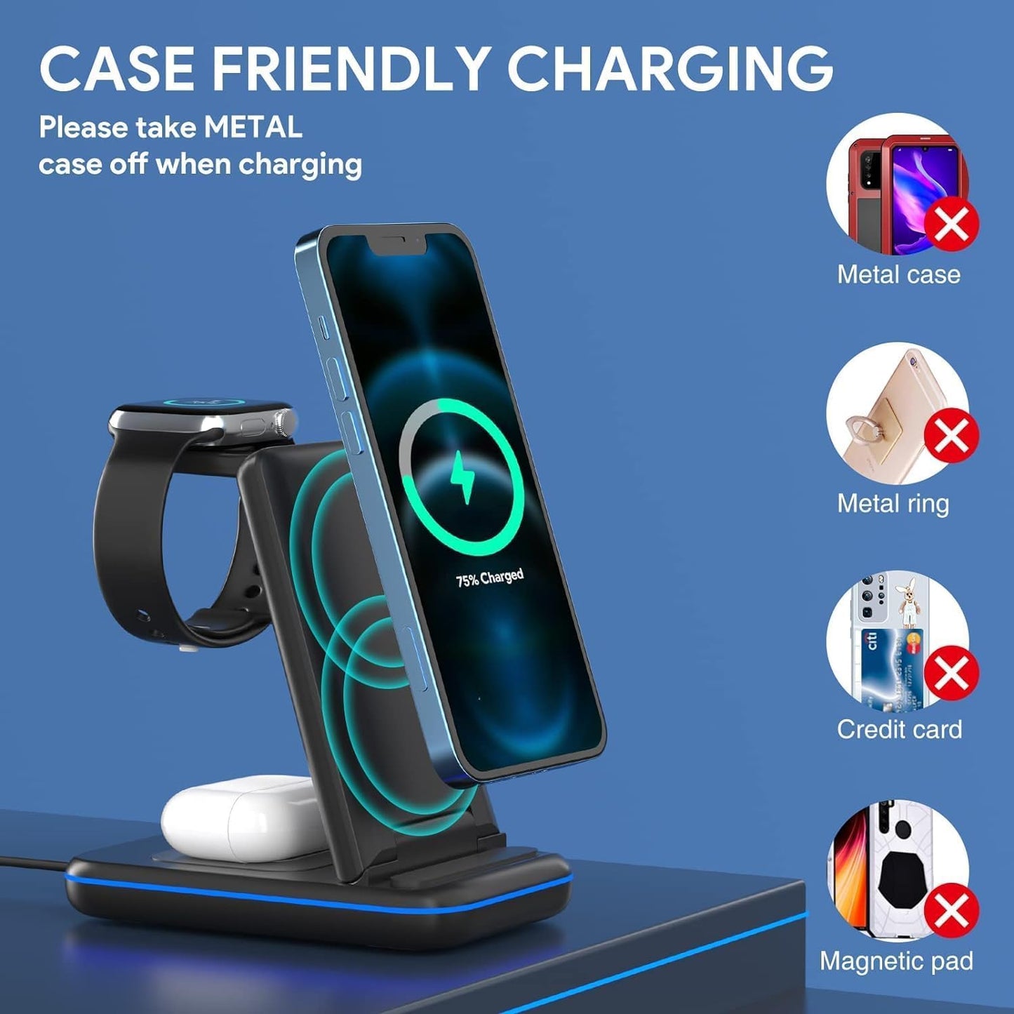 BVILY Cargador Inalámbrica Plegable 3 en 1 Base Soporte de Cargador para i Phone 16/15/14/13/12/Plus/Pro MAX, Rapida Wireless Charger para AirPods 4/3/2, Estación de Carga para Apple Watch