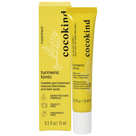 Cocokind Tratamiento de manchas de cúrcuma tónica, removedor de manchas oscuras, invisible, sin secar, con aceite de árbol de té y extracto de avellana de bruja, 0.5 onzas