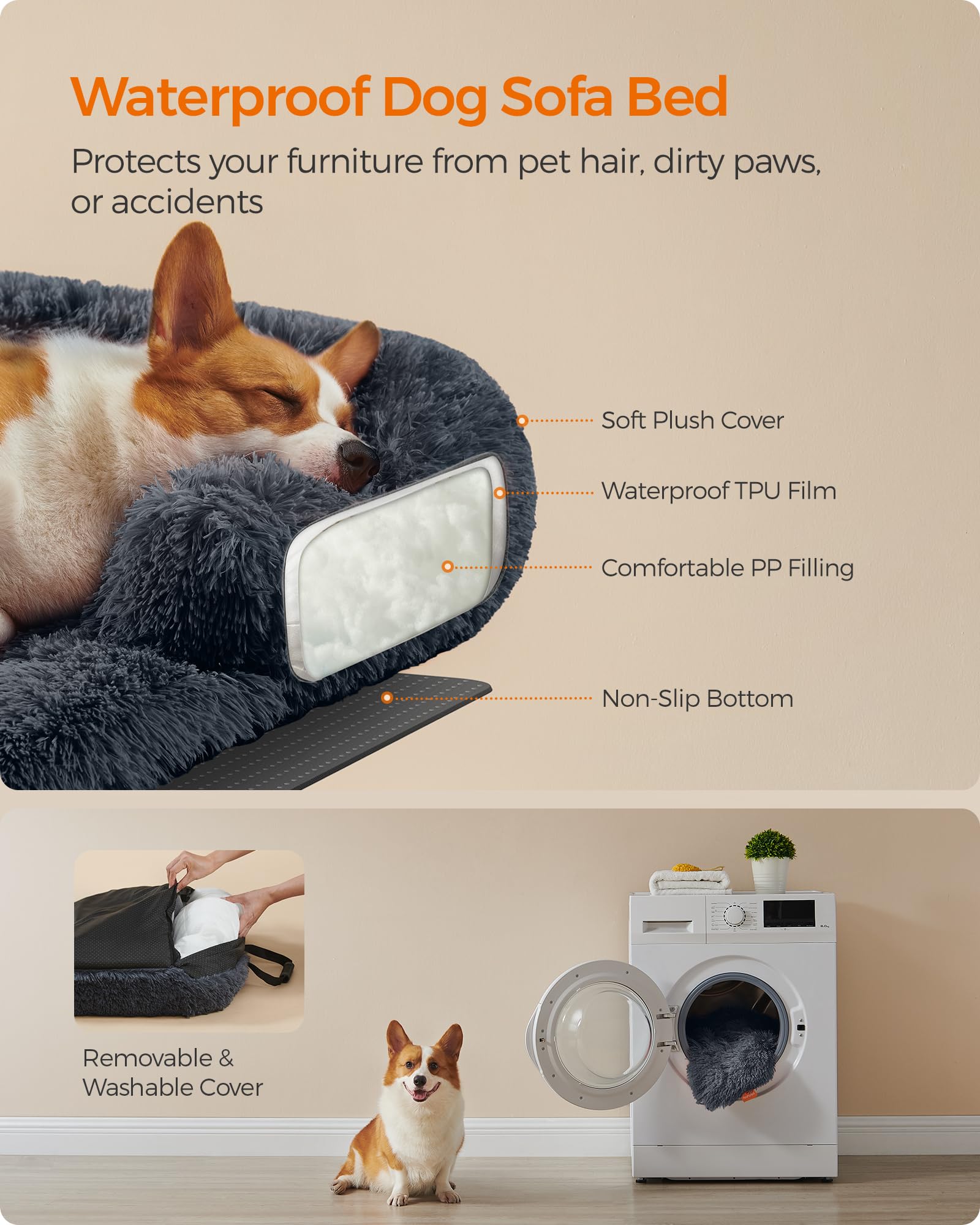 Feandrea Cama para Perros, Funda Protectora para Sofá, 95 x 85 x 16 cm, Tela de Felpa, L, para Perros Medianos,Gris Oscuro MPGW222G02
