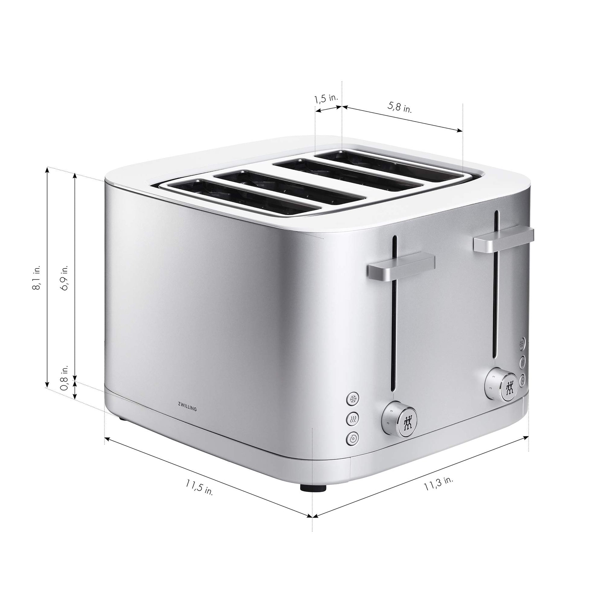 ZWILLING Enfinigy tostador de 4 rebanadas con ranuras extra anchas de 1.5 pulgadas para bagels, 7 ajustes de tostada, incluso tostado, recalentar, cancelar, descongelar, plata