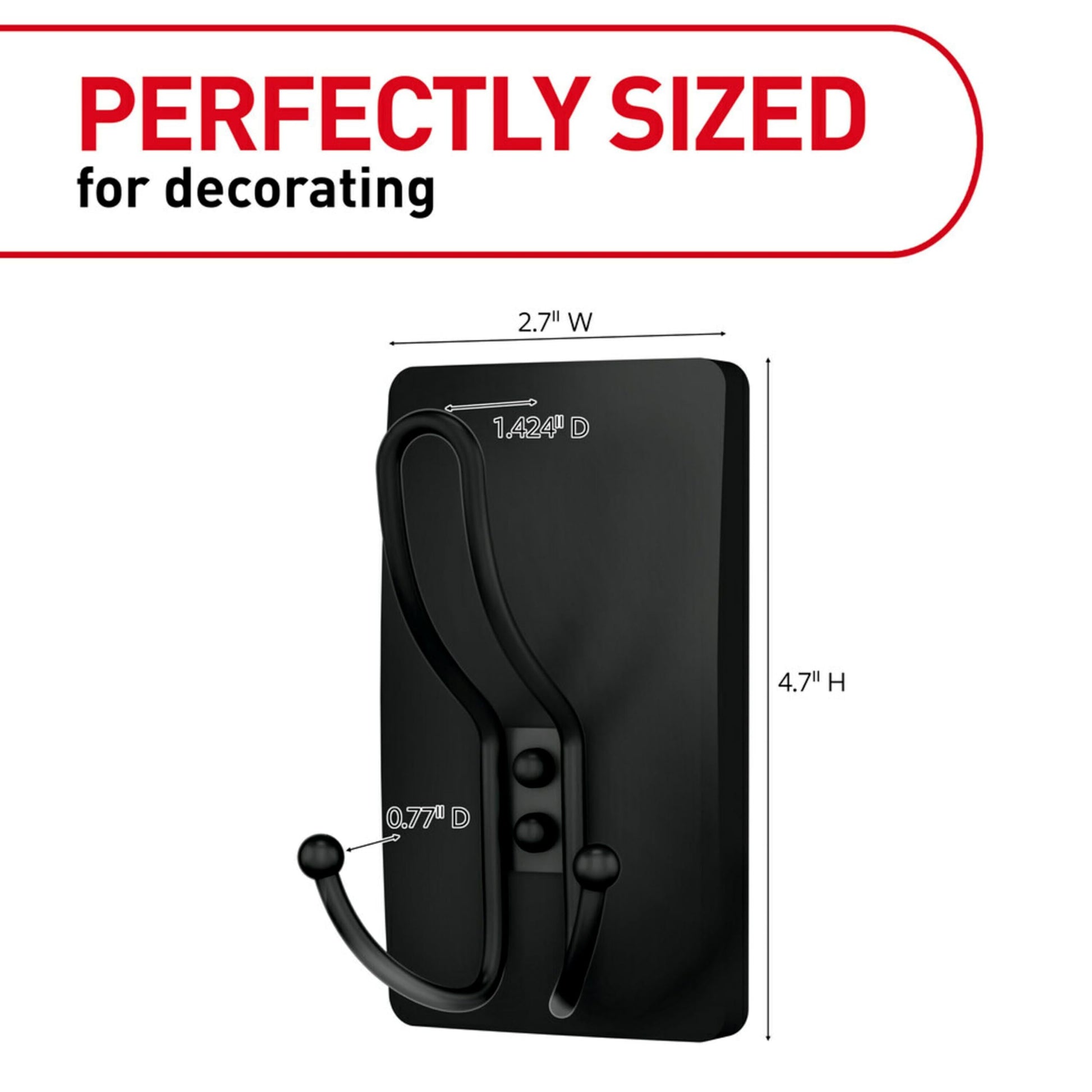 Command XL - Gancho Triple Negro Mate, 1 Gancho, 3 Tiras, Ganchos de Pared para Colgar sin daños con Tiras Adhesivas, Ganchos de Pared sin Herramientas para Colgar Decoraciones en Espacios Vivos