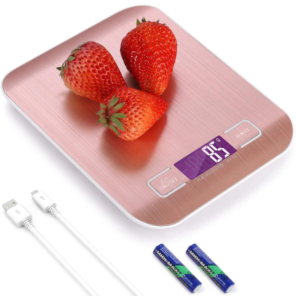 Báscula de Cocina con Carga USB Recargables 5kg / 11 lbs Peso Cocina Digital Balanza Alimentos de Acero inoxidable con Pantalla LCD Función de Tara (rosa)