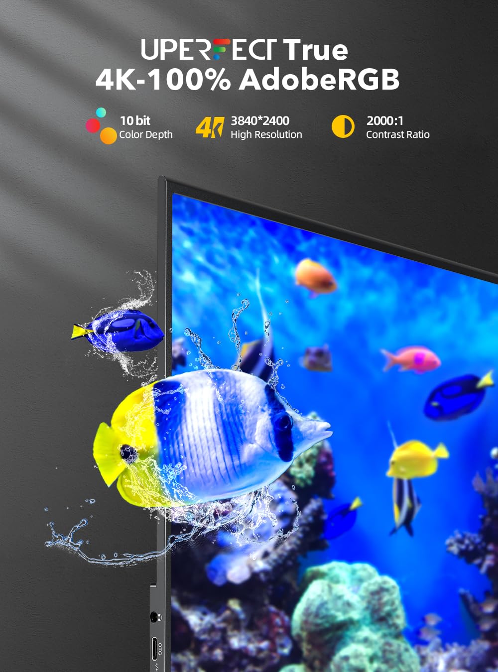UPERFECT True 4K Monitor portátil, [nueva versión] UHD IPS 3840 x 2160 USB C, marco de metal único de arco, 100% Adobe RGB 600 Nits brillo, altavoz HDR FreeSync HDMI Tipo-C OTG con funda inteligente