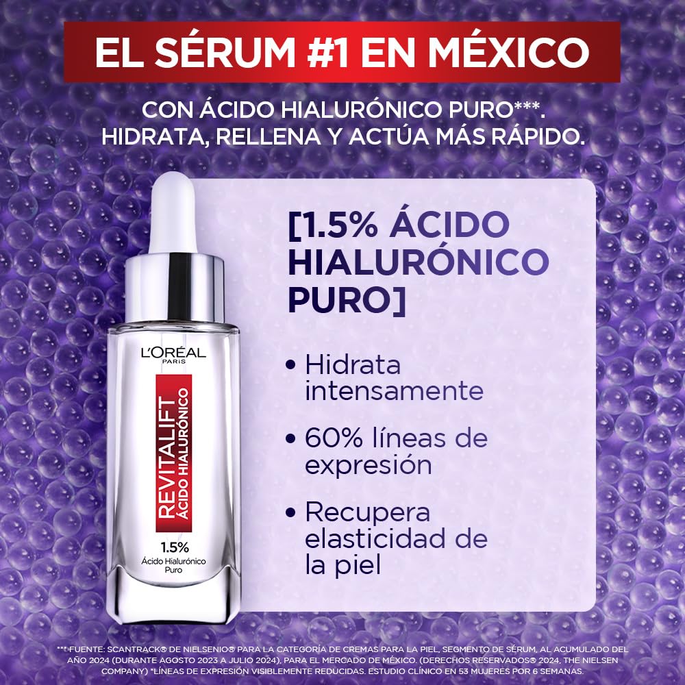 L'Oréal Paris Sérum Rostro Revitalift Ácido Hialurónico hidrata intensamente y rellena líneas de expresión, 30ml