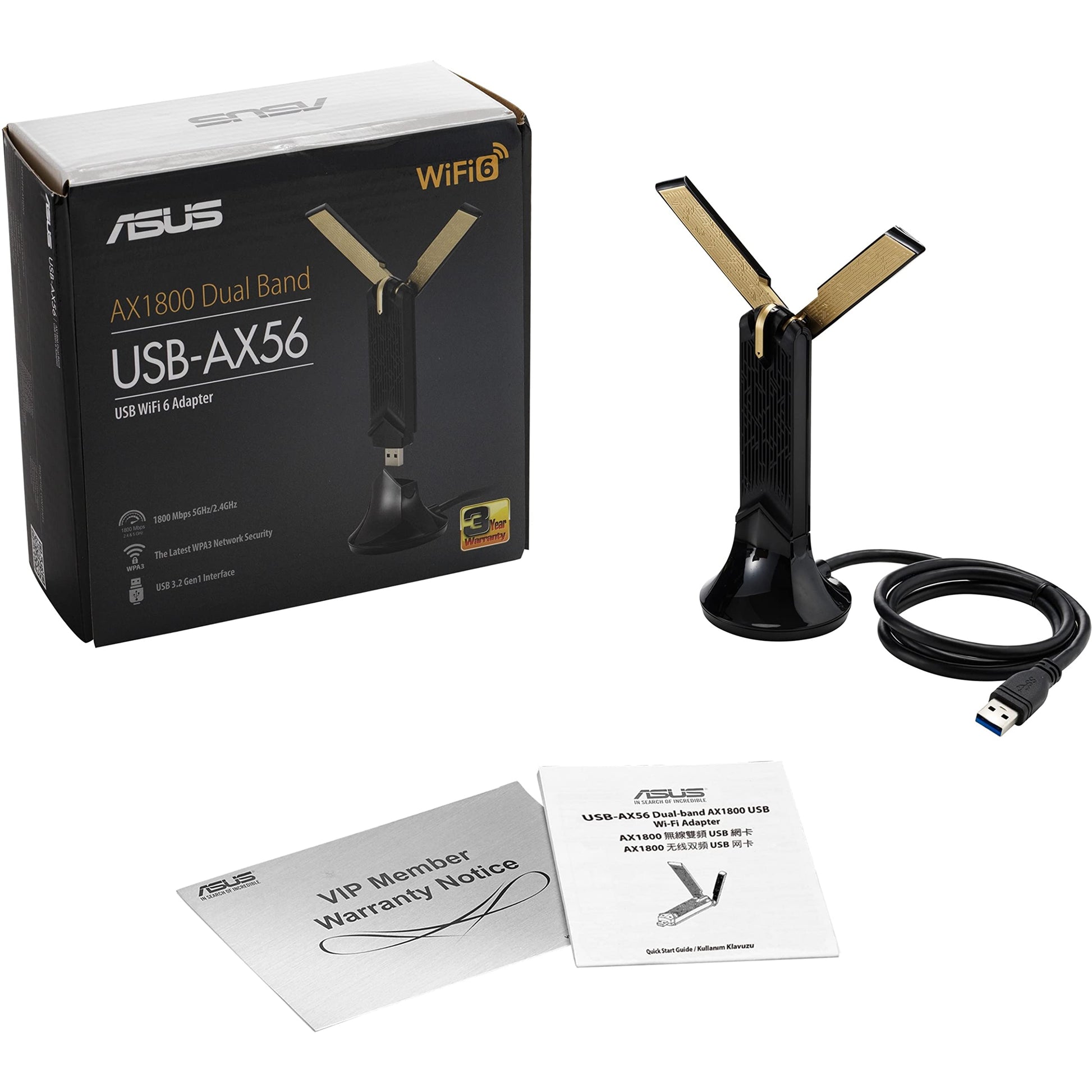 Adaptador WiFi USB Asus WiFi 6 AX1800, USB-AX56, WiFi 6 de doble banda, soporte 2x2, juegos y transmisión, Plug-and-Play, seguridad de red WPA3, MU-MIMO, Beamforming