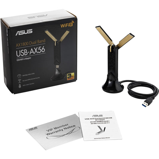 Adaptador WiFi USB Asus WiFi 6 AX1800, USB-AX56, WiFi 6 de doble banda, soporte 2x2, juegos y transmisión, Plug-and-Play, seguridad de red WPA3, MU-MIMO, Beamforming