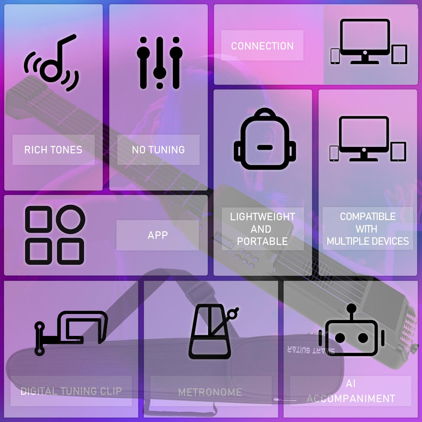 PEFEEL - Cuello de guitarra portátil para principiantes AI LCD (negro)