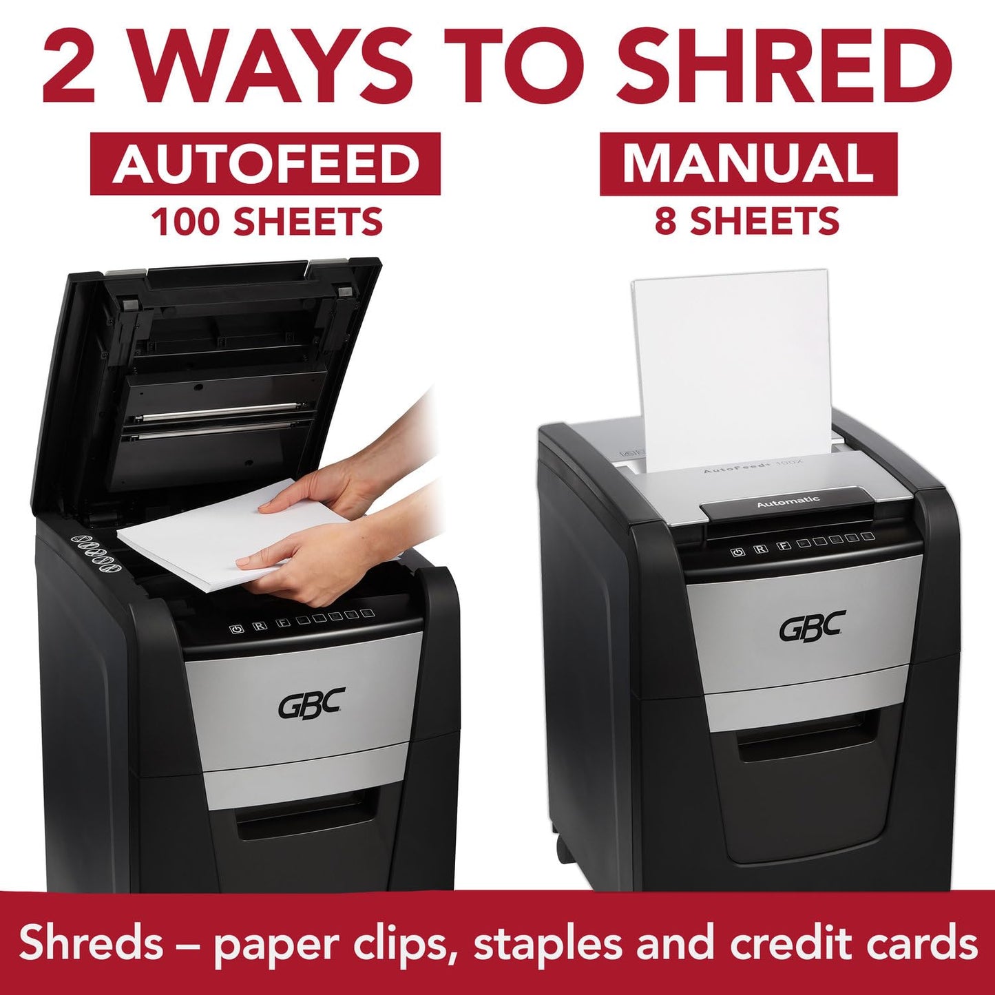 GBC Trituradora de Papel y Grapas, Auto Feed+ 100x, Corte Súper Cruzado P-4 de 100 Hojas, con Cesto de 34 litros. WSM1757602