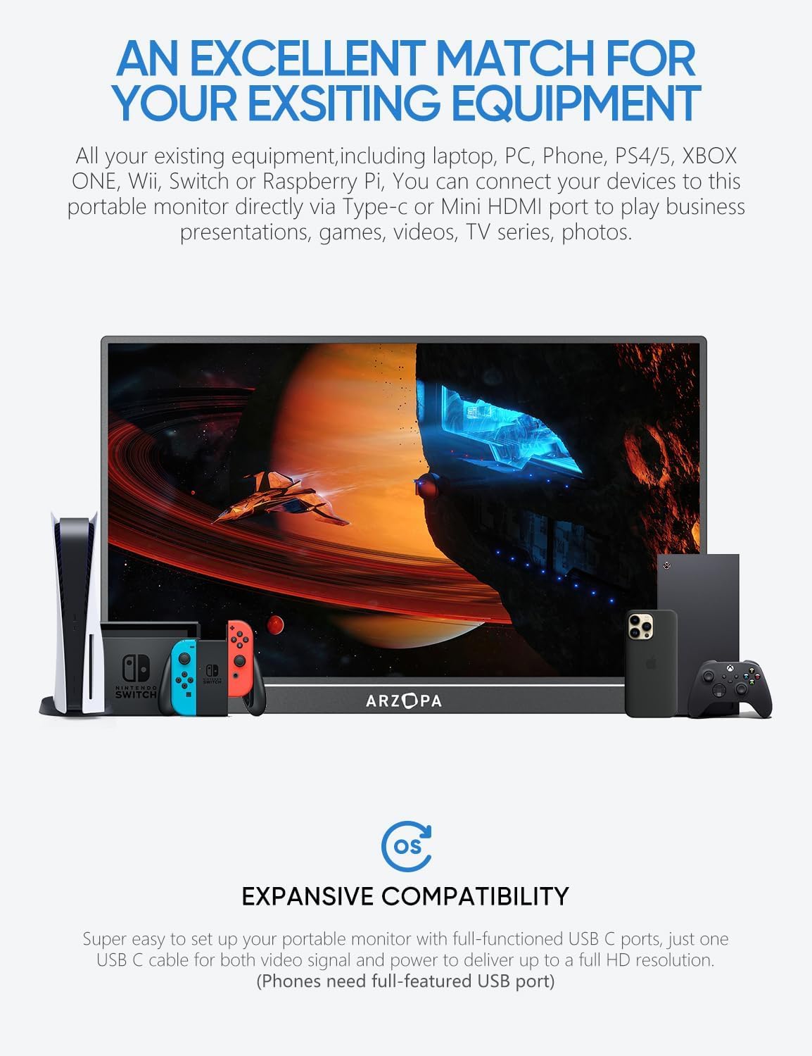 Monitor Portátil ARZOPA 17.3 Pulgadas 1080P FHD IPS Soporte Integrado HDMI USB C Pantalla Externa Gaming con Altavoces Duales