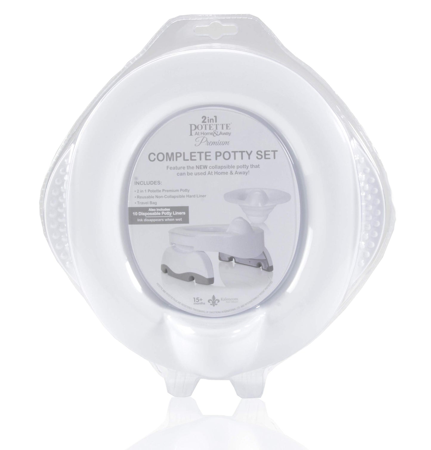 Kalencom Potette Plus Premium: Potty de Viaje Portátil con Liner Reutilizable y 10 Liners Desechables. 2-en-1: Potty y Anillo de Entrenamiento. Blanco
