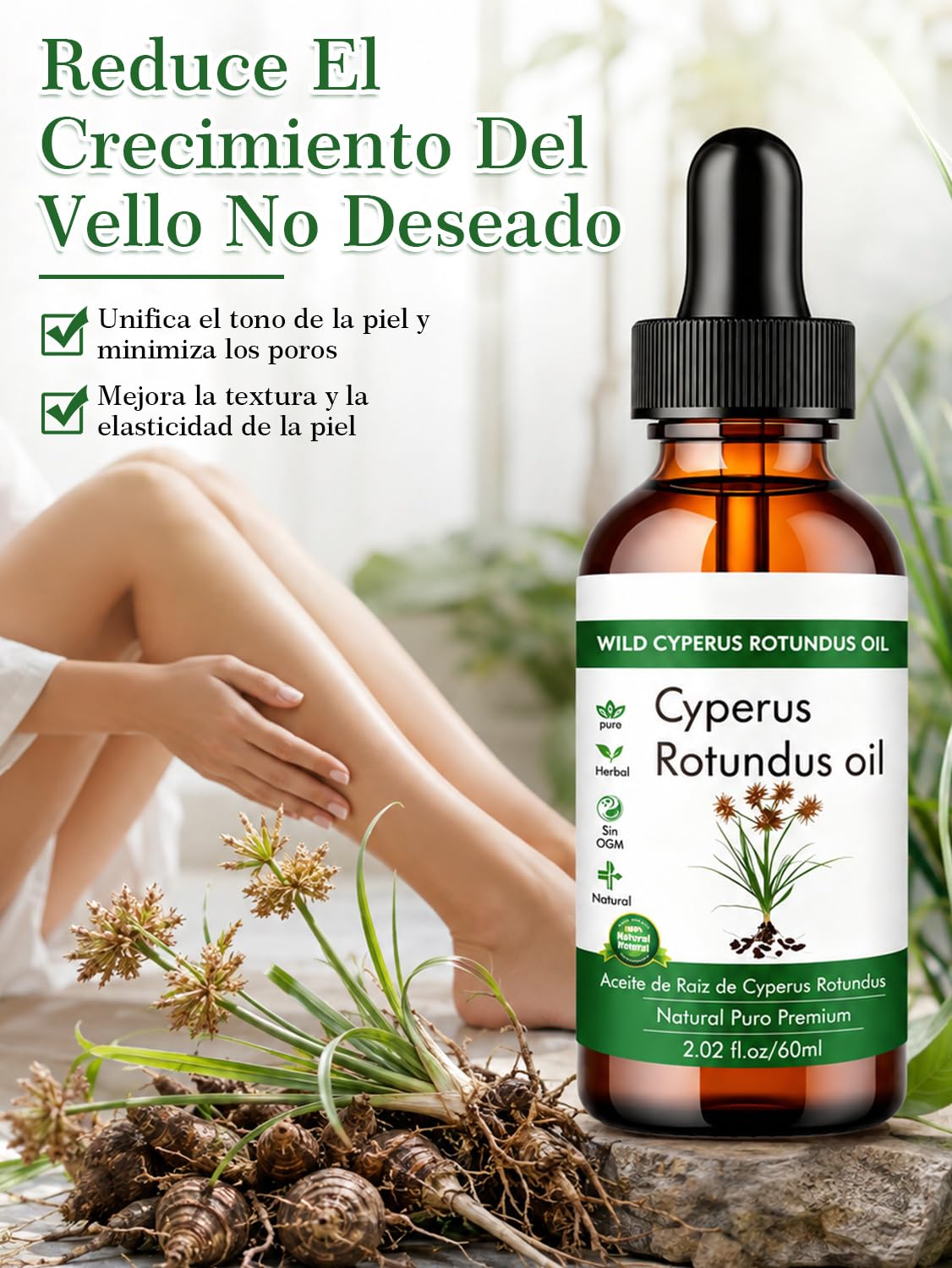Cyperus Rotundus Oil， Aceite de Cyperus Rotundus Natural，Calma y suaviza la piel, reduce el crecimiento del vello corporal.