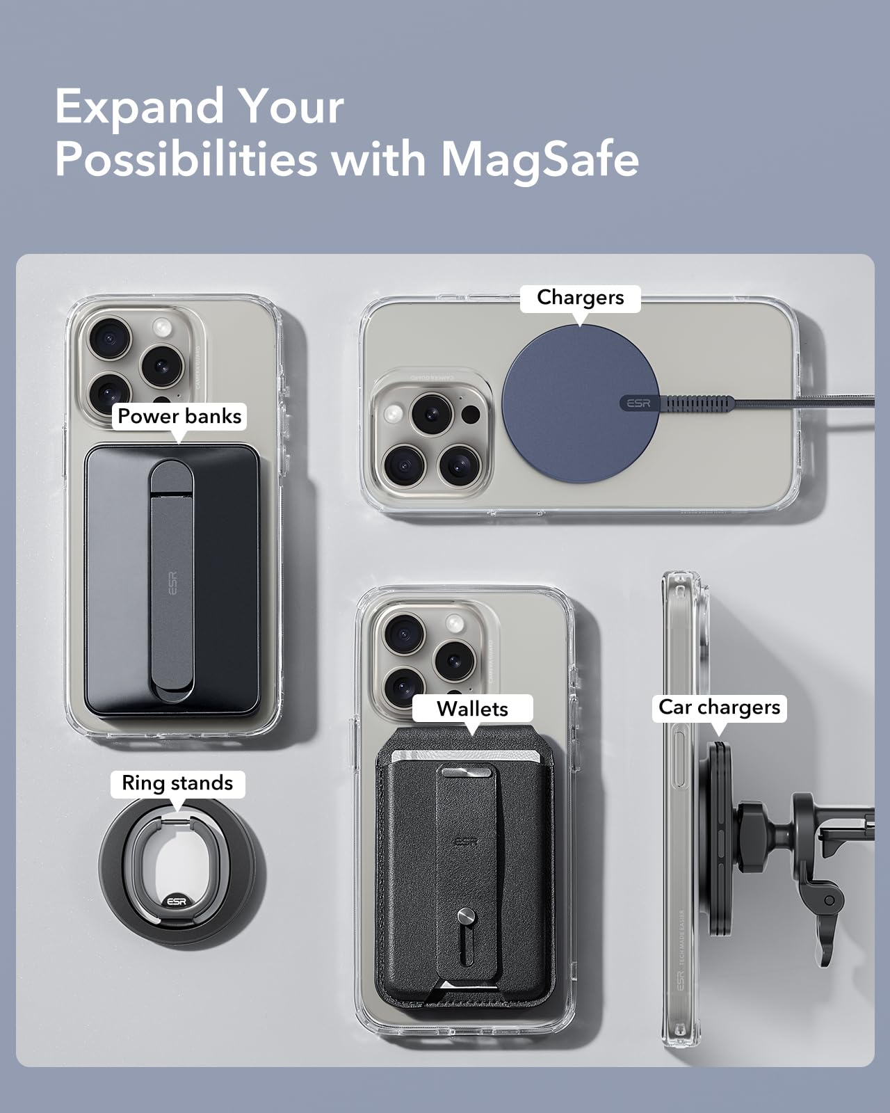 Anillo Ultrafino ESR MagSafe Transparente para Conversión de Cargador Inalámbrico iPhone y Galaxy