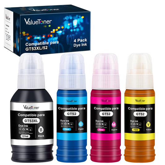 Botella de Tinta Compatible Valuetoner para HP GT52 GT53XL Multicolor para Impresoras Deskjet Series 5800 5810 5820 Ink Tank 100 300 410 (4 Unidades)
