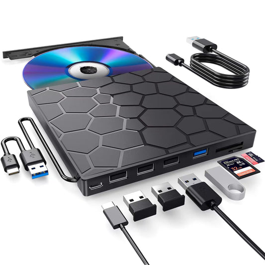 BPAKDU Unidad Externa de CD/DVD para computadora portátil, 8 en 1, USB 3.0, Ultra Delgado, Reproductor de DVD portátil para portátil, grabadora de CD ROM, Grabador de Disco Externo óptico B31-Y