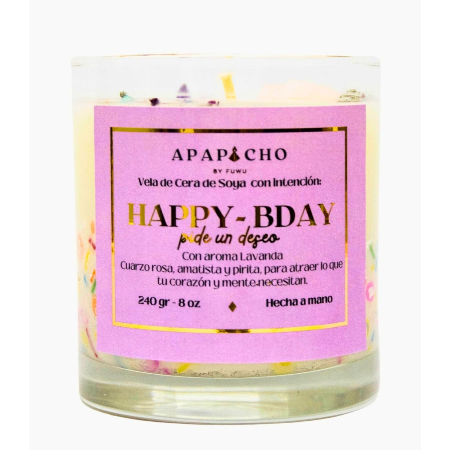 Fuwu, velas aromaticas relajantes Happy Birthday de cera de soya con cuarzos naturales, velas decorativas hechas a mano con hierbas de olor, aromatizantes para hogar, regalos de cumpleaños (Lavanda)