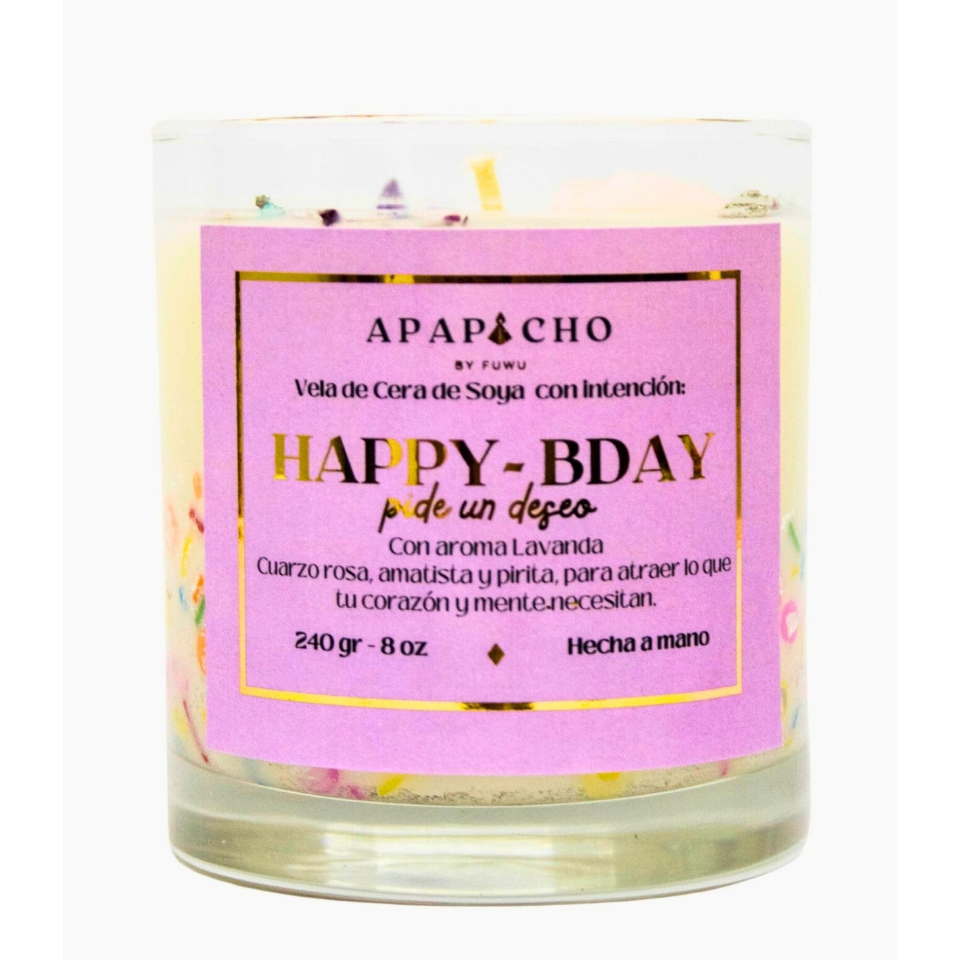 Fuwu, velas aromaticas relajantes Happy Birthday de cera de soya con cuarzos naturales, velas decorativas hechas a mano con hierbas de olor, aromatizantes para hogar, regalos de cumpleaños (Lavanda)