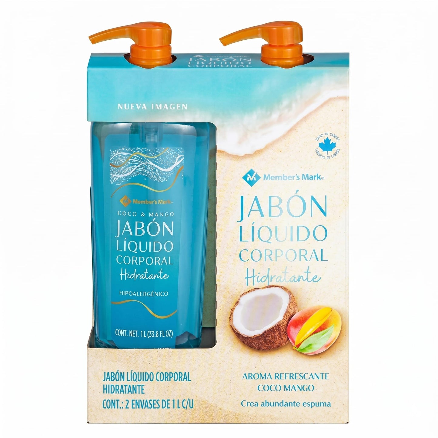 Member´s Mark, 2 Botellas de Jabón Líquido Corporal, Coco, Mango Hidratante de 1Lt.