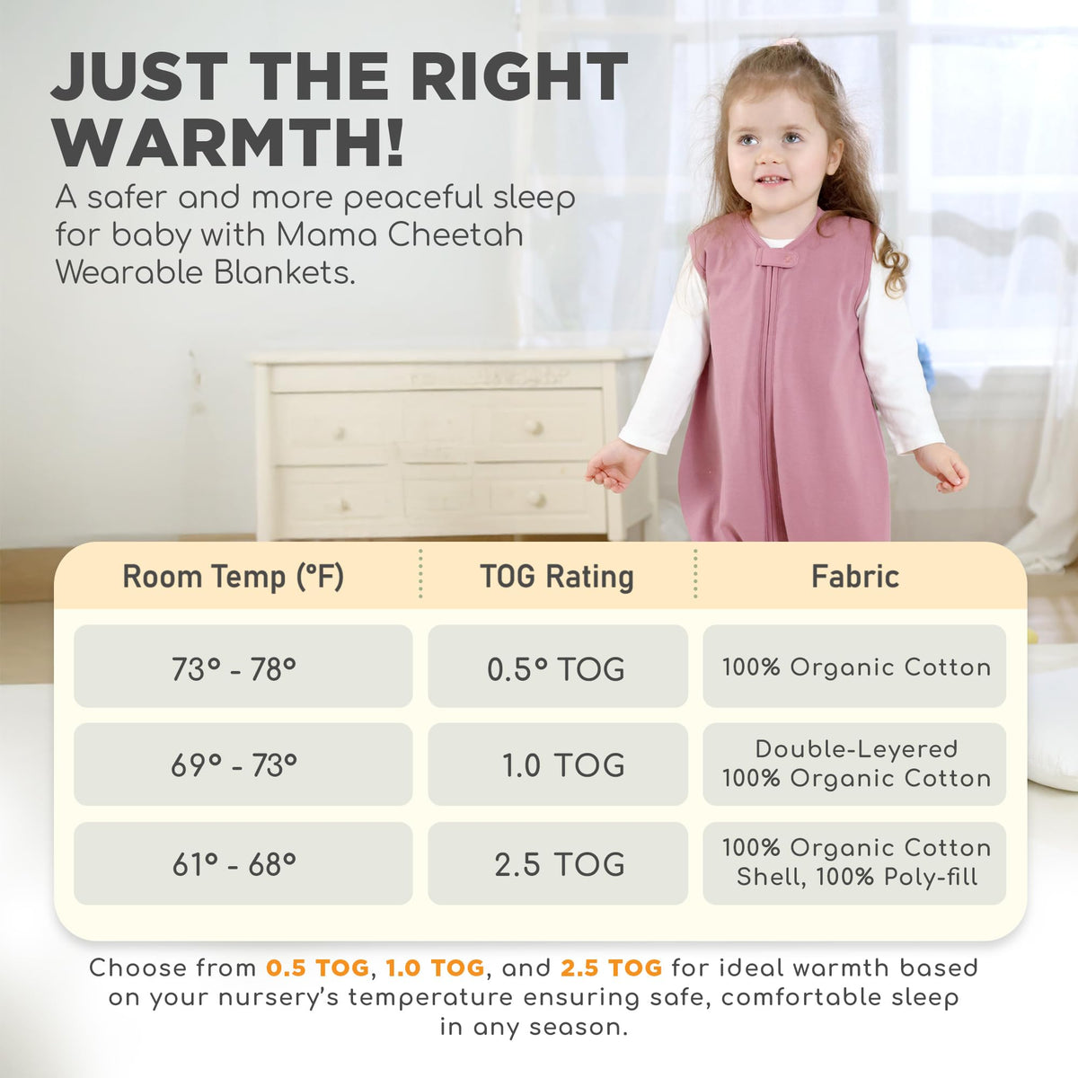 Saco de Dormir para Niños Mama Cheetah con Pies, Saco de Dormir de Algodón Orgánico de 0.5 TOG con Patas, Manta Portátil para Bebés Primeros Caminantes con Cremallera de 2 Vías, Saco de Dormir para
