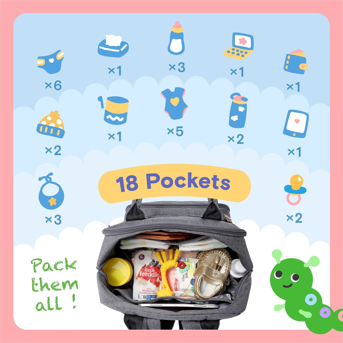 iniuniu - Mochila para pañales, kit 4 en 1, bolsas unisex grandes para bebés para niños y niñas, mochila impermeable de viaje con bolsa para pañales, almohadilla cambiante lavable, funda para chupete