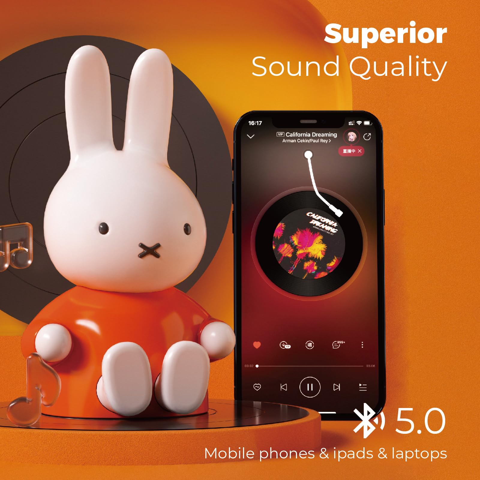Miffy - Altavoces portátiles con Bluetooth, bonitos altavoces inalámbricos portátiles con sonido estéreo fuerte, micrófono integrado, ranura para tarjeta TF, doble emparejamiento, tiempo de