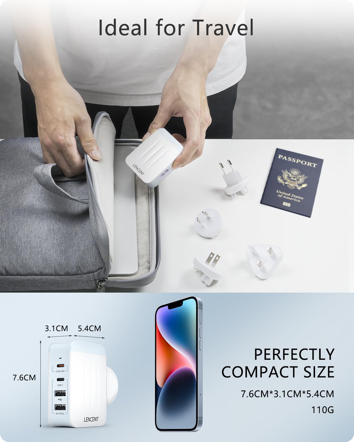 LENCENT 45W Cargador de Pared, Adaptador de Corriente con 2 Carga Rápida PD USB-C + 2 USB-A, Cargador Mundial para Teléfono Celular, Tabletas, Portátil, Todo en Uno Cargador Enchufe UK/US/UE/AUS