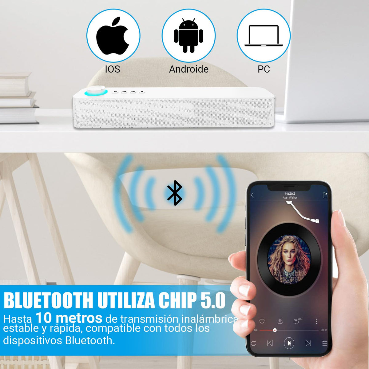 Altavoz Mini Barra de Sonido Estéreo Bluetooth PAVENU Blanco con Subwoofer y Micrófono Incorporado para Cine en Casa