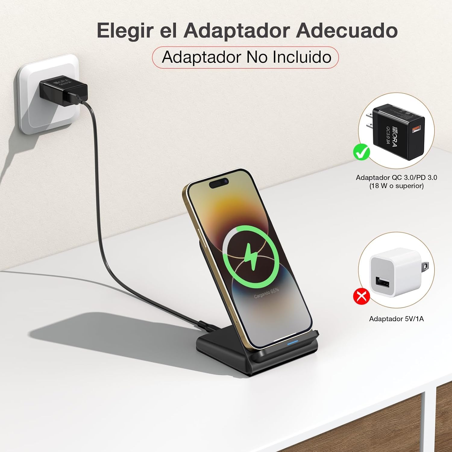 Cargador Inalámbrico 15W Negro con Cable USB C para iPhone y Samsung