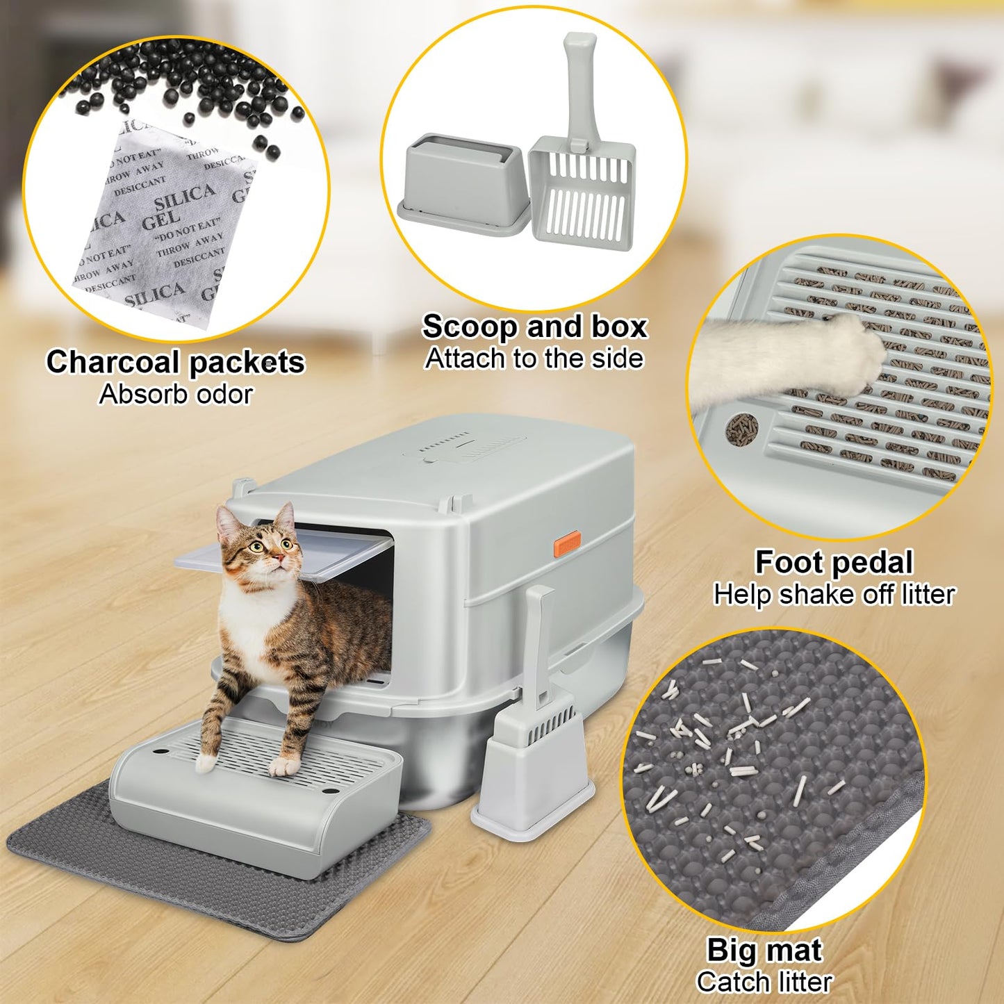 GOYJOY - Caja de Arena para Gatos Acero Inoxidable con Tapa Metal Cerrada XL extraíble Cubierta