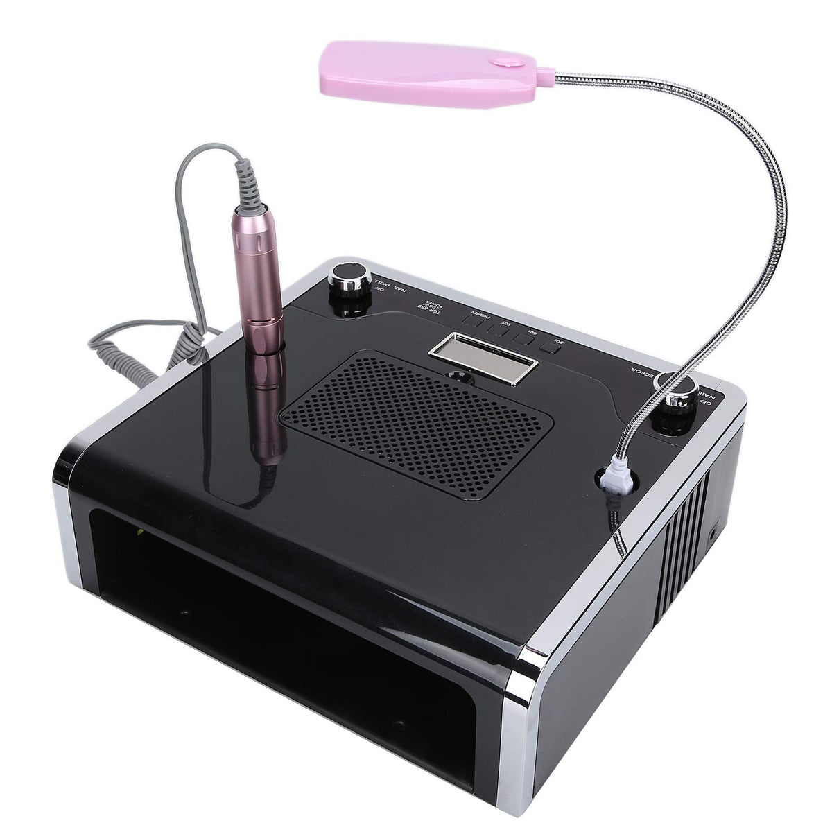 4 EN 1 Taladro de lima de uñas + Colector de polvo de succión de uñas + Lámpara de curado de uñas de gel UV + Lámpara de escritorio LED Secadora de uñas Máquina de pulido de uñas(Black)