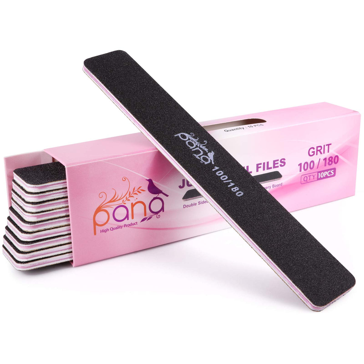 PANA 10 Limas De Uñas Profesionales De Doble Cara De Tamaño Gigante, Color Negro, Grano 100/180, Lima Pulidora De Uñas Para Manicura Y Pedicura, Lavable