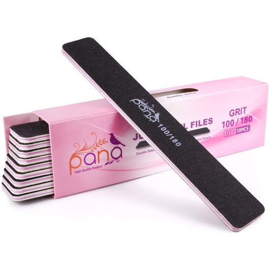 PANA 10 Limas De Uñas Profesionales De Doble Cara De Tamaño Gigante, Color Negro, Grano 100/180, Lima Pulidora De Uñas Para Manicura Y Pedicura, Lavable