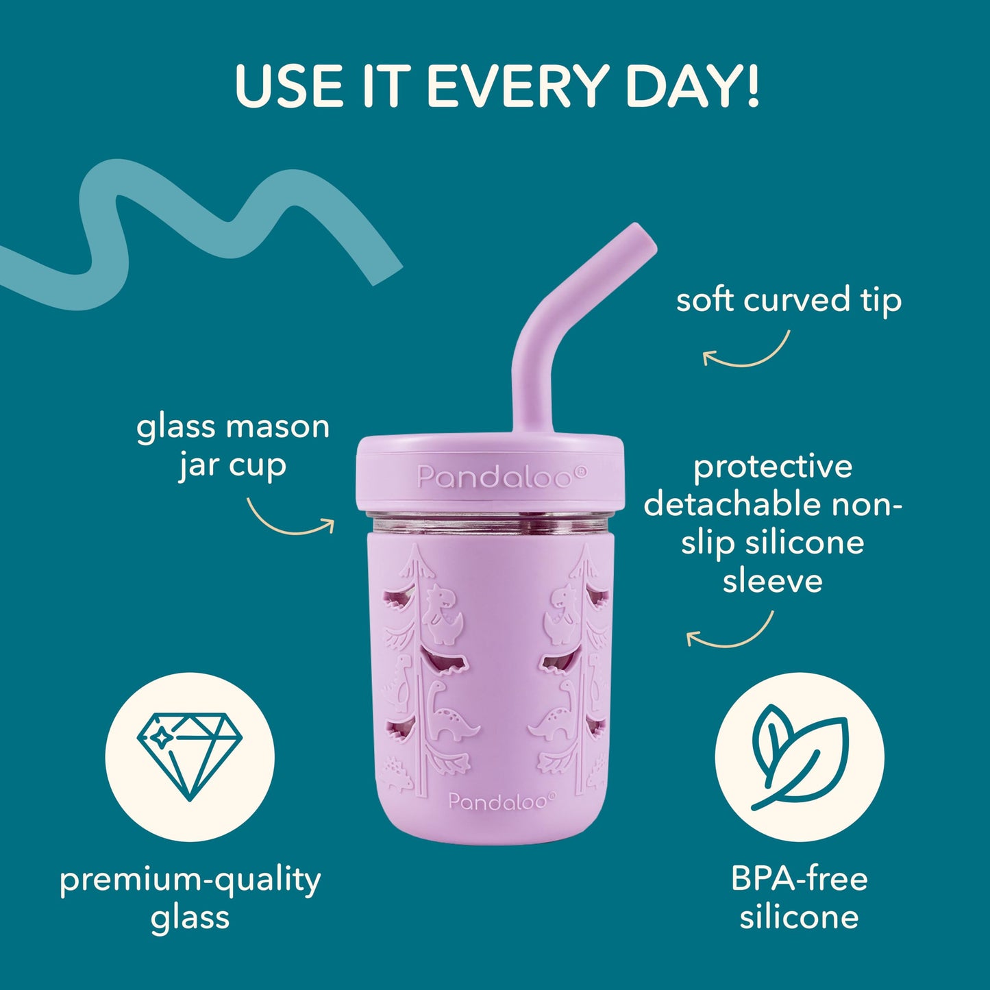 Pandaloo Mason Jar Vaso para Niños Pequeños | Vasos de Vidrio de 8 oz con Funda y Tapas de Silicona | Vasos Resistentes a Derrames para Batidos y Aperitivos para Niños | Sin BPA | Pajita Interior de