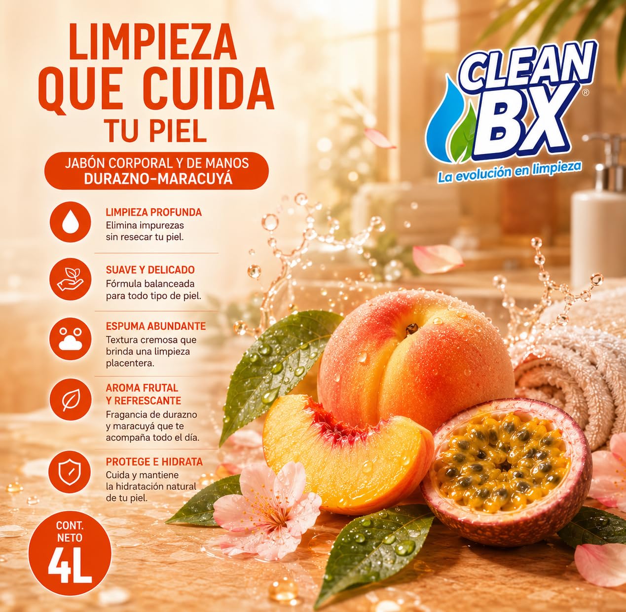 Jabón Líquido Para manos y Cuerpo Aroma Durazno-Maracuya 4L | Aroma Relajante, Hidratante y Uso Diario