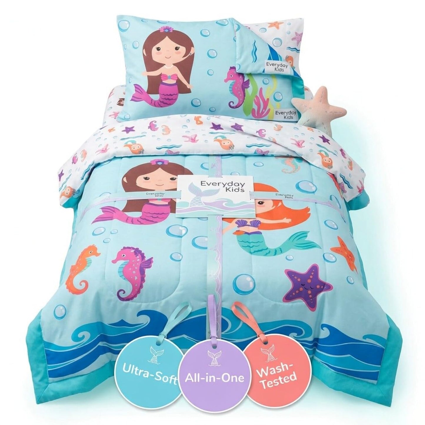 EVERYDAY KIDS Juego de ropa de cama de 4 piezas para niños pequeños -Aventura de Sirenas Submarinas- Incluye edredón, sábana encimera, sábana bajera y funda de almohada reversible