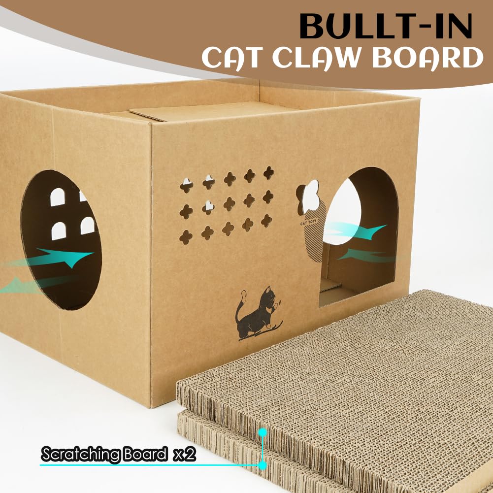 Casa de cartón para gatos con 2 almohadillas para orejas para rascar, cama grande para gatos rascadores para gatos de interior con cartón corrugado, caja rascador desmontable para gatos (Cactus)