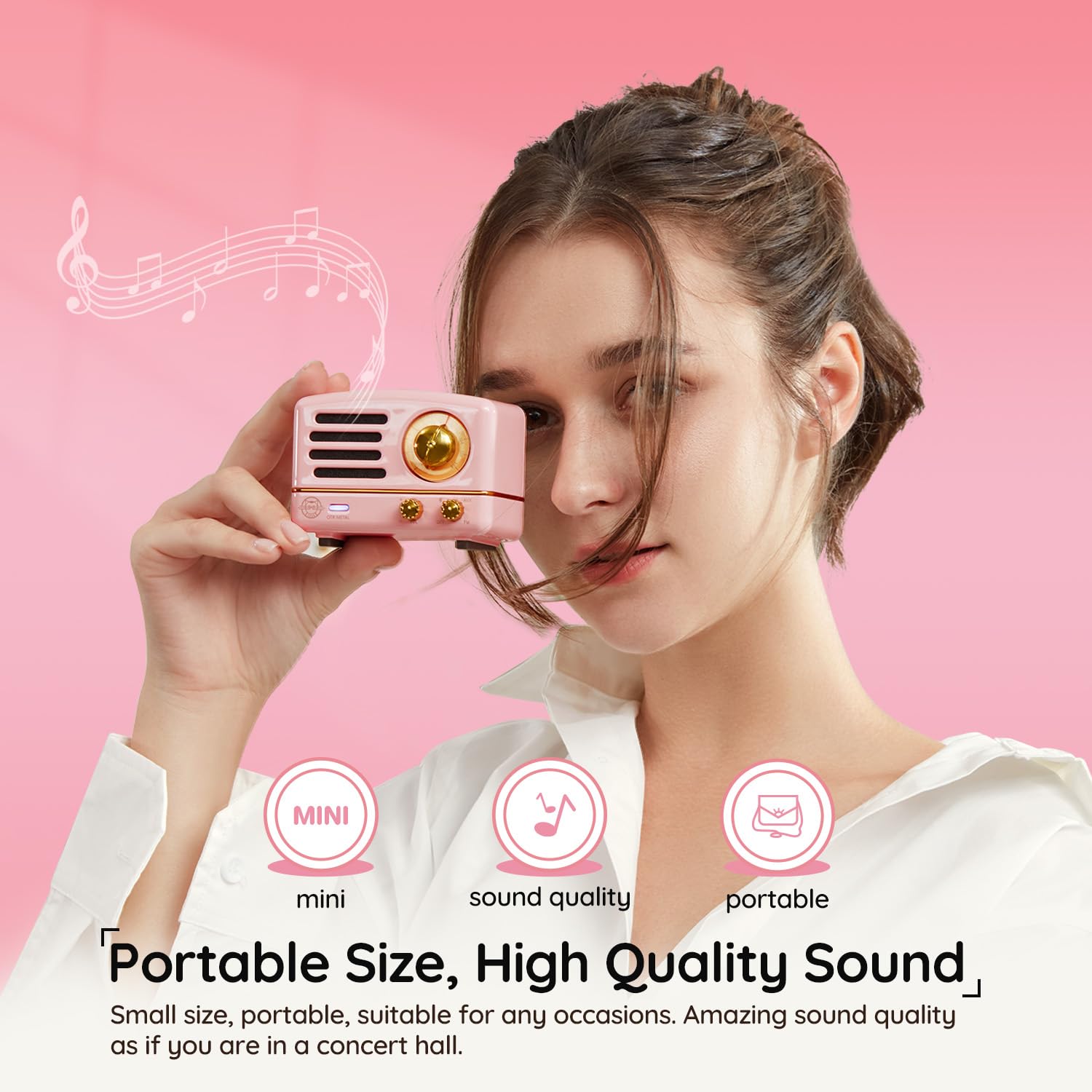 Muzen - Altavoz Bluetooth portátil, Altavoz inalámbrico pequeño de Metal OTR, Radio FM con Antena AUX, 10 Horas de Tiempo de reproducción prolongado, Audio estéreo de Alta fidelidad con veliz,