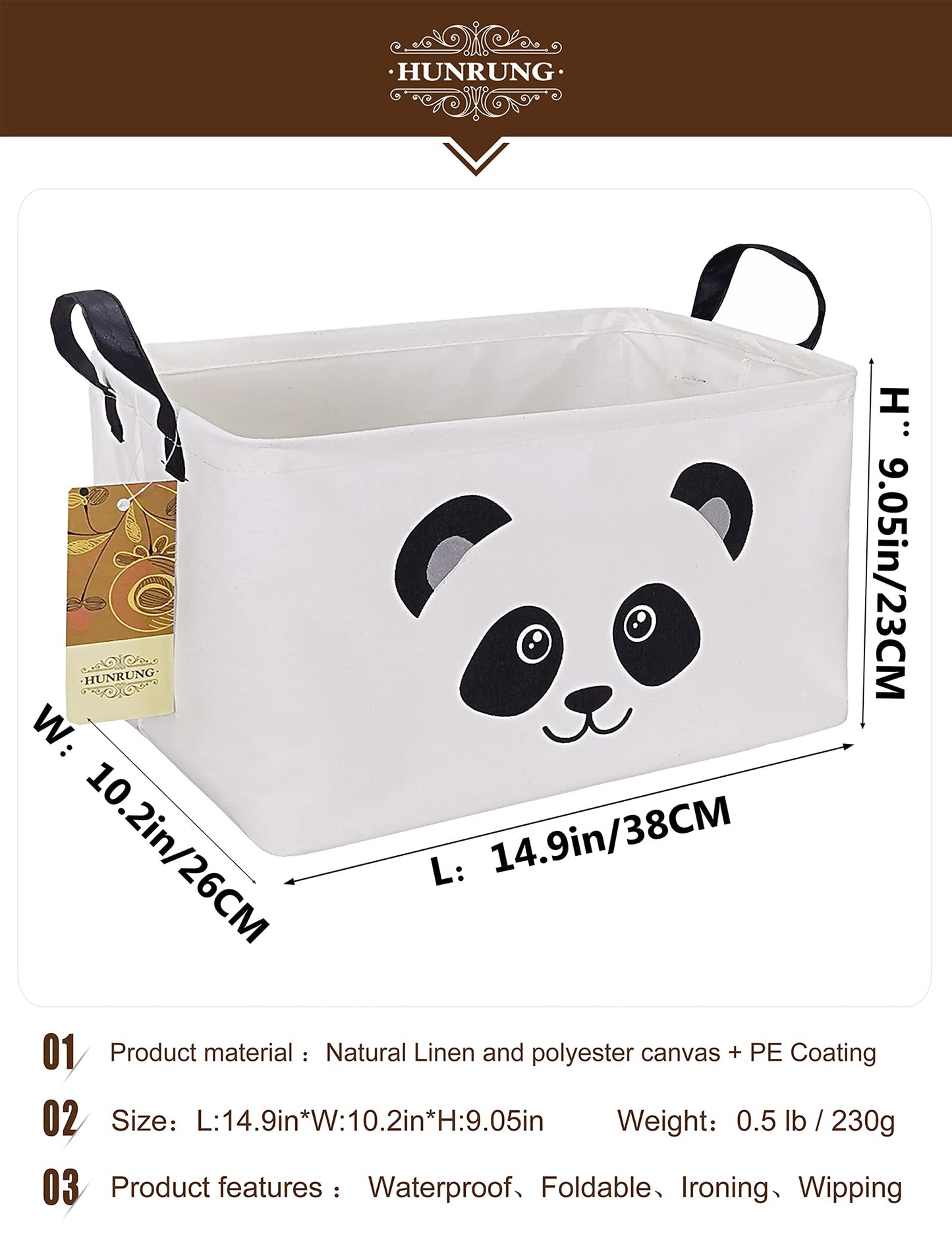 HUNRUNG - Cesta de Almacenamiento Rectangular de Lona para Mascotas, Juguetes, Libros, Ropa, Perfecto para Habitaciones Infantiles, Sala de Juegos, casetas, Rectangle Panda