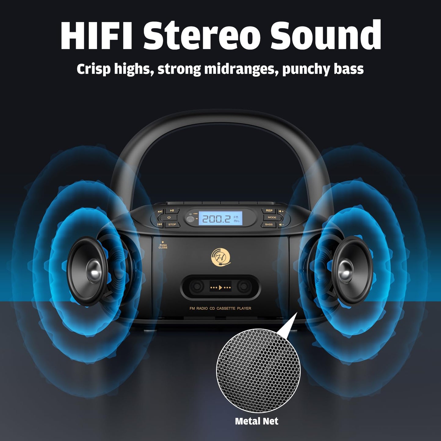 Hernpark - Combo de reproductor de casete de CD, caja de boombox recargable con Bluetooth 5.1, grabación de cinta, radio FM, súper graves, sonido estéreo, unidad auxiliar/USB, conector de auriculares,