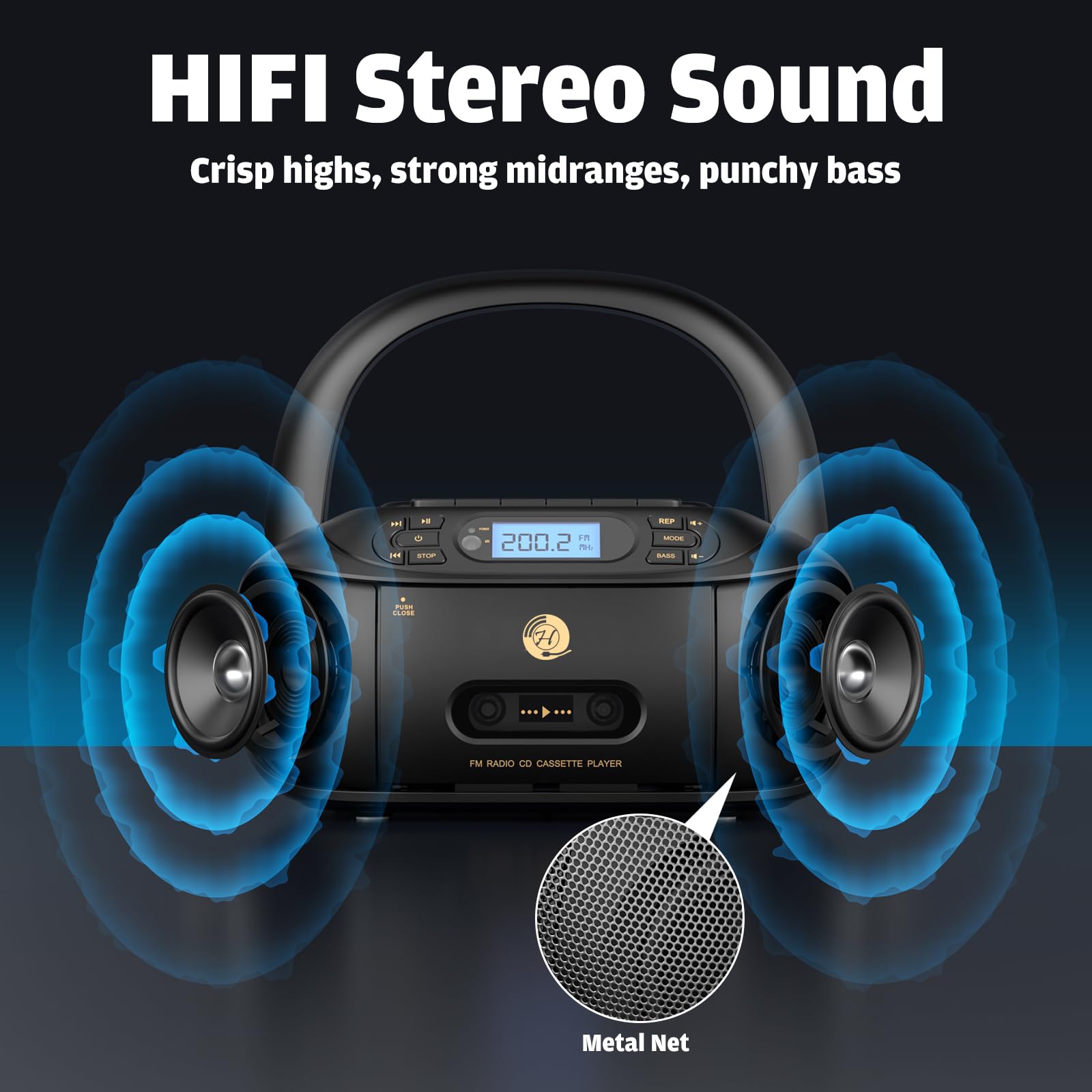 Hernpark - Combo de reproductor de casete de CD, caja de boombox recargable con Bluetooth 5.1, grabación de cinta, radio FM, súper graves, sonido estéreo, unidad auxiliar/USB, conector de auriculares,