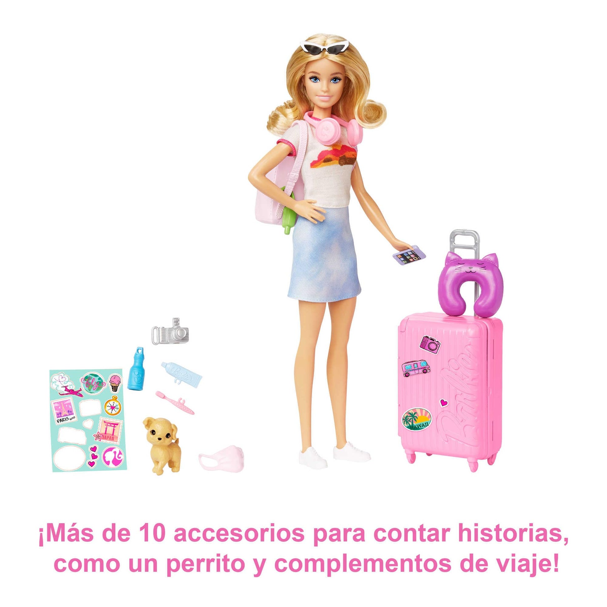 Barbie Muñeca Viajera con Set de Viaje, Incluye Mascota y más de 10 Accesorios, la Maleta Abre y Cierra, 3 años en adelante